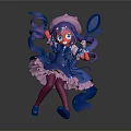 Anime Style Woman With Purple Hair Pink Hat Blue Butterfly Red Eyes And Blue Dress