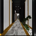 Modern Corridor Design With Marble Floor Golden Trim And Green Plants