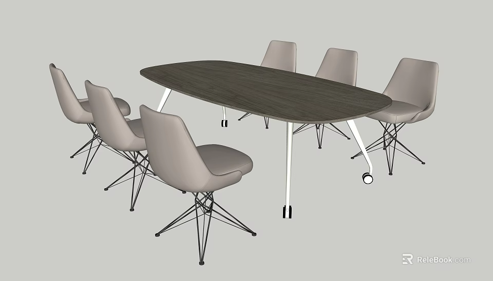 Modern Office Conference Table With Oval Dark Brown Top And Six Gray Chairs 3d model 