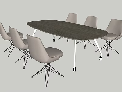 Modern Office Conference Table With Oval Dark Brown Top And Six Gray Chairs 3d model