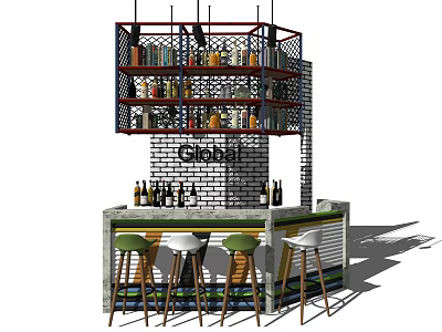Modern Reception Desk With Wine Bottle Shelves Brick Wall And Green Stools Globe Sign 3d model