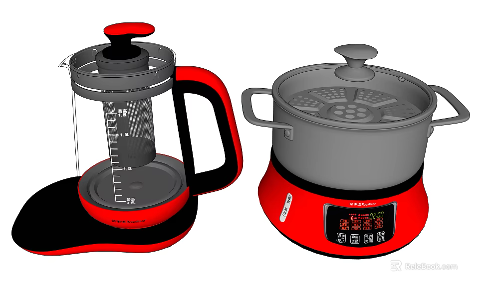 Electric Glass Kettle With Red Handle And Multi Function Food Steamer With Digital 3d model 