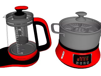 Electric Glass Kettle With Red Handle And Multi Function Food Steamer With Digital 3d model