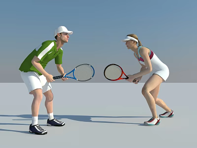 Two People Holding Tennis Rackets Ready to Play Game Together 3d model