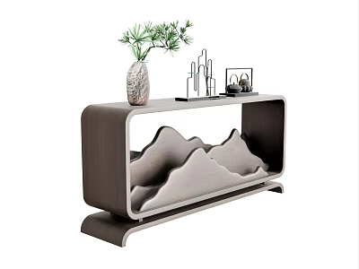 Stylish Modern Entryway Console Table With Green Plant Vase And Mountain Pattern Design 3d model