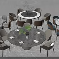 Modern Round Dining Table Set with Marble Tabletop Multiple Chairs and Green Plants 3d model