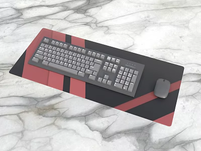 Computer Keyboard and Mouse on Red and Black Striped Mouse Pad with Marble Tabletop 3d model