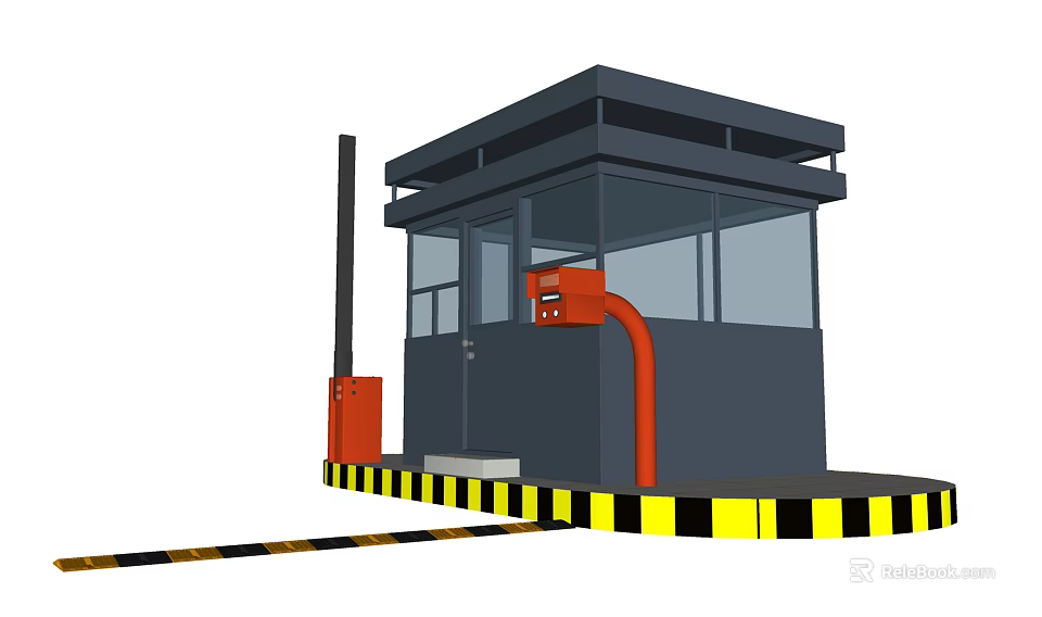 Security Booth With Gray Structure Red Equipment Barrier And Yellow Black Warning Stripes 3d model 