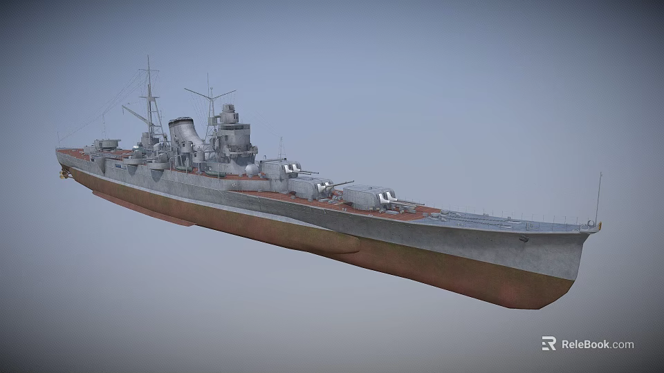 Warship Exterior View With Gray Superstructure Red Hull Bottom And Deck Turrets 3d model