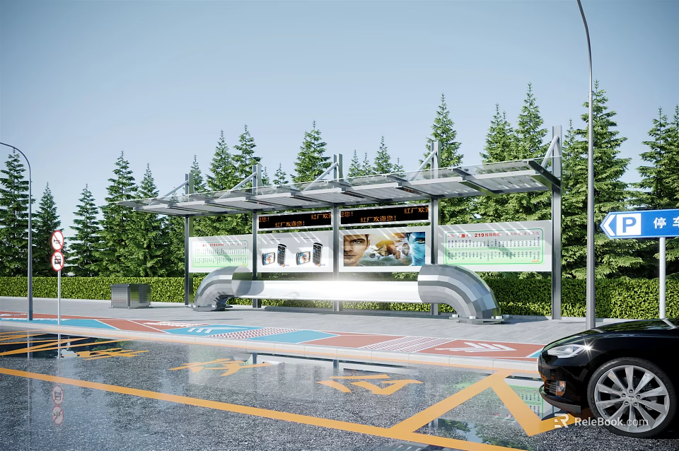 Modern Bus Stop With Shelter Advertising Billboards Bench Trees And Wet Ground 3d model 
