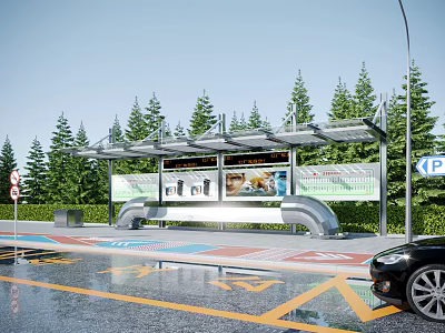 Modern Bus Stop With Shelter Advertising Billboards Bench Trees And Wet Ground 3d model