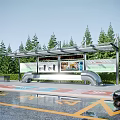 Modern Bus Stop With Shelter Advertising Billboards Bench Trees And Wet Ground