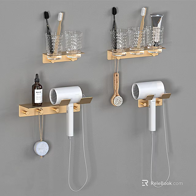 Bathroom Accessories with Golden Wall Mounted Racks Hair Dryers and Glass Cups 3d model 