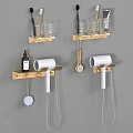 Bathroom Accessories with Golden Wall Mounted Racks Hair Dryers and Glass Cups
