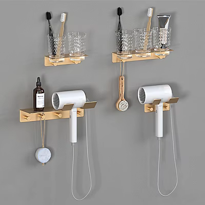 Bathroom Accessories with Golden Wall Mounted Racks Hair Dryers and Glass Cups 3d model