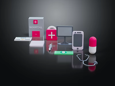 Medical Devices Including Red Cross Box Stethoscope Pill Monitor And Mobile Device 3d model