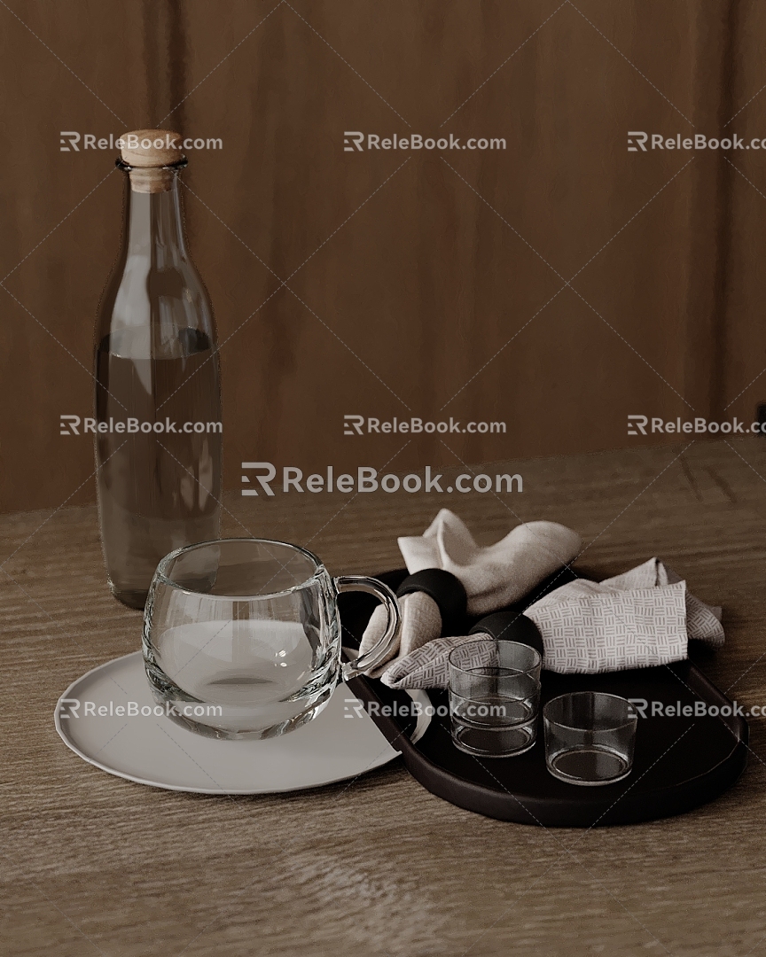 Ornaments combination kitchen utensils tea cup mug wine glass wine bottle towel rag tray 3d model