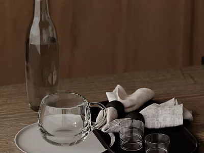 Decorative Ornament Set with Transparent Glassware Bottle Small Glasses White Napkins on Tray Wooden Table 3d model