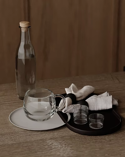 Decorative Ornament Set with Transparent Glassware Bottle Small Glasses White Napkins on Tray Wooden Table 3d model