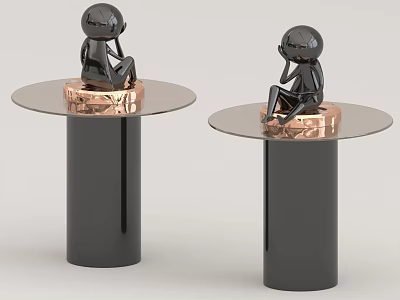 Modern Side Table with Black Cylindrical Base Transparent Round Top and Copper Figurine 3d model
