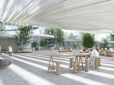 Modern Bright Open Interior Space With White Canopy Structure Green Plants And Wooden Furniture 3d model