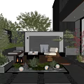 Modern Courtyard Garden Design With Outdoor Seating Green Plants Lighting Wooden Deck And Stone Pathway
