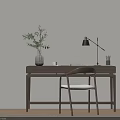 Elegant Modern Minimalist Wooden Desk Interior With Table Lamp Green Plant And Chair