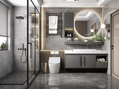Modern Bathroom with Glass Shower Partition Round Mirror Marble Vanity Countertop Wall Cabinets and Gray Tiles 3d model