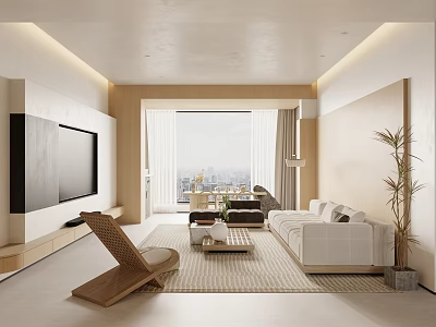 Modern Living and Dining Room With White Sofa Rattan Chair Large Windows And City View 3d model