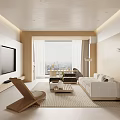Modern Living and Dining Room With White Sofa Rattan Chair Large Windows And City View