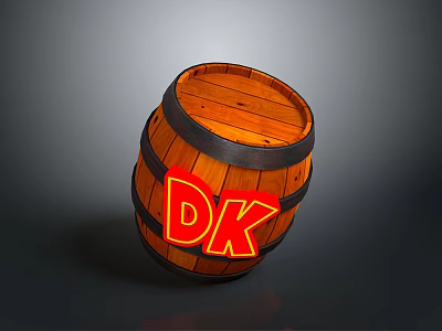 Wooden Barrel Design With Red DK Letters On Dark Background Surface 3d model