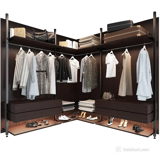 Modern Dark Wood Wardrobe Interior With Hanging Clothes Drawers And Shoe Storage 3d model 