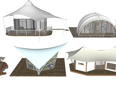 Various Modern Tent Designs With Conical Dome Shapes Wooden Platform Bases And Transparent Windows 3d model