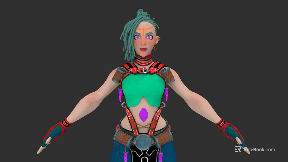 Game Movie Character With Green Hair Facial Paint Green Crop Top And Purple Accents 3d model 