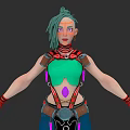 Game Movie Character With Green Hair Facial Paint Green Crop Top And Purple Accents