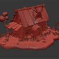 Cartoon Gingerbread House With Red Snow Covered Roof Small Tree Candy Cane And Wooden Steps