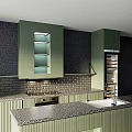 Elegant Modern Kitchen Featuring Green Cabinets Black Countertop Brick Backsplash And Oven