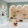 Specialty Store Interior Featuring Light Green Walls Golden Decor Circular Artworks Arched Shelves Terrazzo Floor