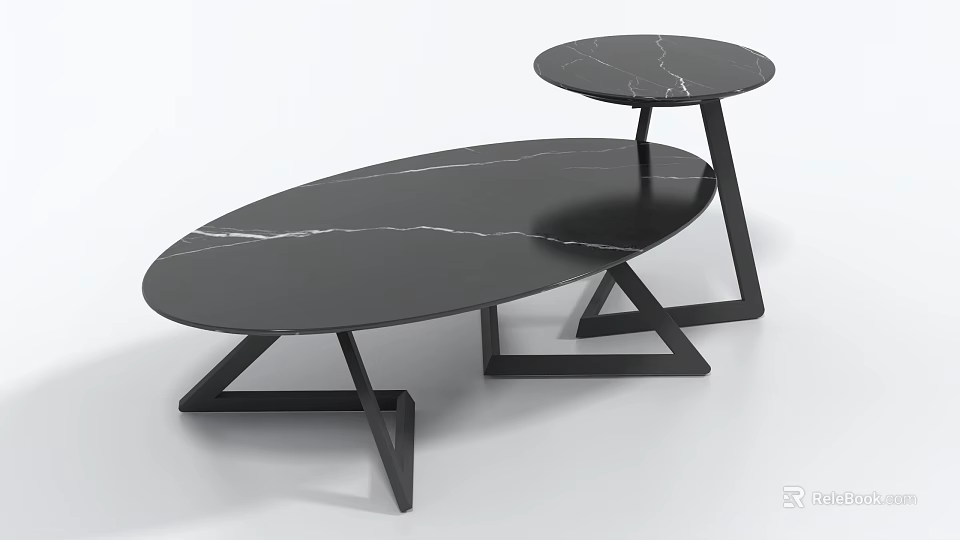 Modern Black Marble Coffee Tables With Geometric Metal Frames Two Piece Set 3d model