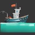 Cute Cartoon Boat Scene With Blue White Hull Red Flag And Green Wave Base
