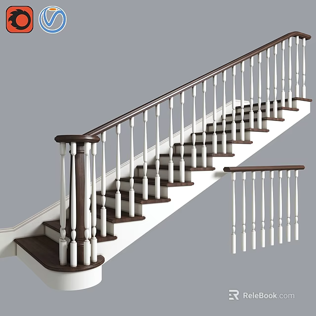 Modern Classic Staircase Interior With Dark Wooden Handrail And White Balusters 3d model 
