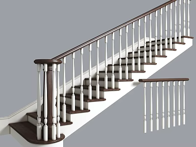 Modern Classic Staircase Interior With Dark Wooden Handrail And White Balusters 3d model