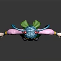 3D Anime Character With Blue Twin Ponytails Green Robe Yellow Stripes And Pink Sleeves