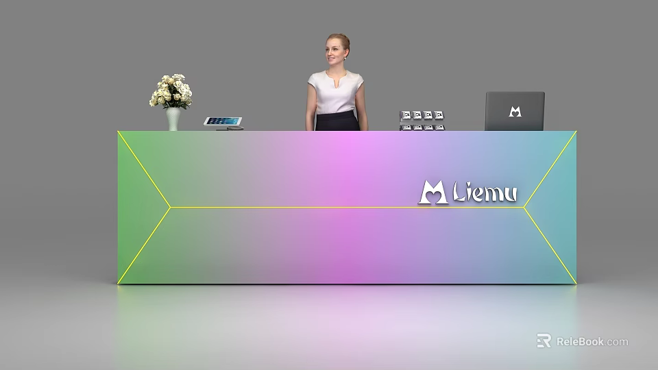Modern Gradient Color Reception Desk With Flower Vase Calculator Laptop And Liemu Logo 3d model 
