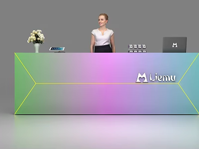 Modern Gradient Color Reception Desk With Flower Vase Calculator Laptop And Liemu Logo 3d model