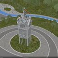 Modern Tower With Lattice Structure Ornate Spire In Open Plaza Green Trees Clear Blue Sky