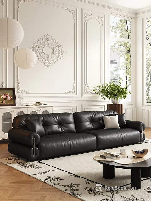 Black Leather Sofa And Coffee Table Set In Stylish Living Room With Green Plant And Natural Light 3d model 