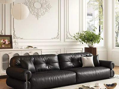Black Leather Sofa And Coffee Table Set In Stylish Living Room With Green Plant And Natural Light 3d model