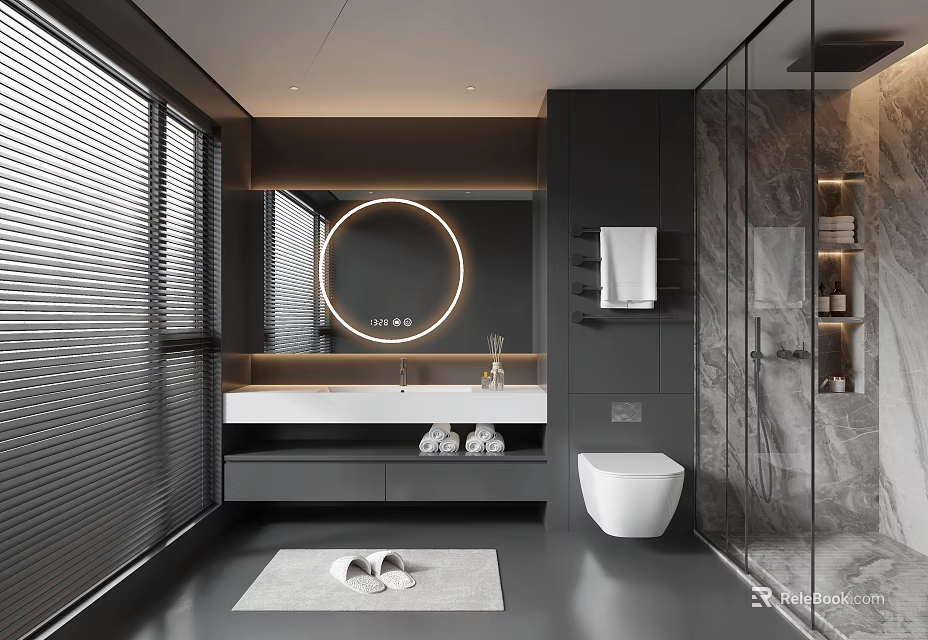 Sleek Modern Dark Tone Bathroom With LED Round Mirror Floating Sink And Glass Shower Enclosure 3d model 