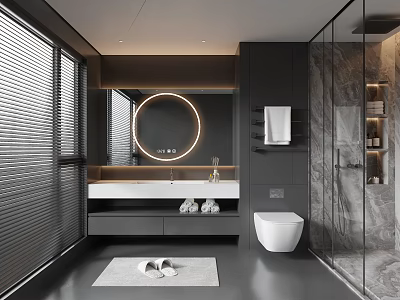 Sleek Modern Dark Tone Bathroom With LED Round Mirror Floating Sink And Glass Shower Enclosure 3d model